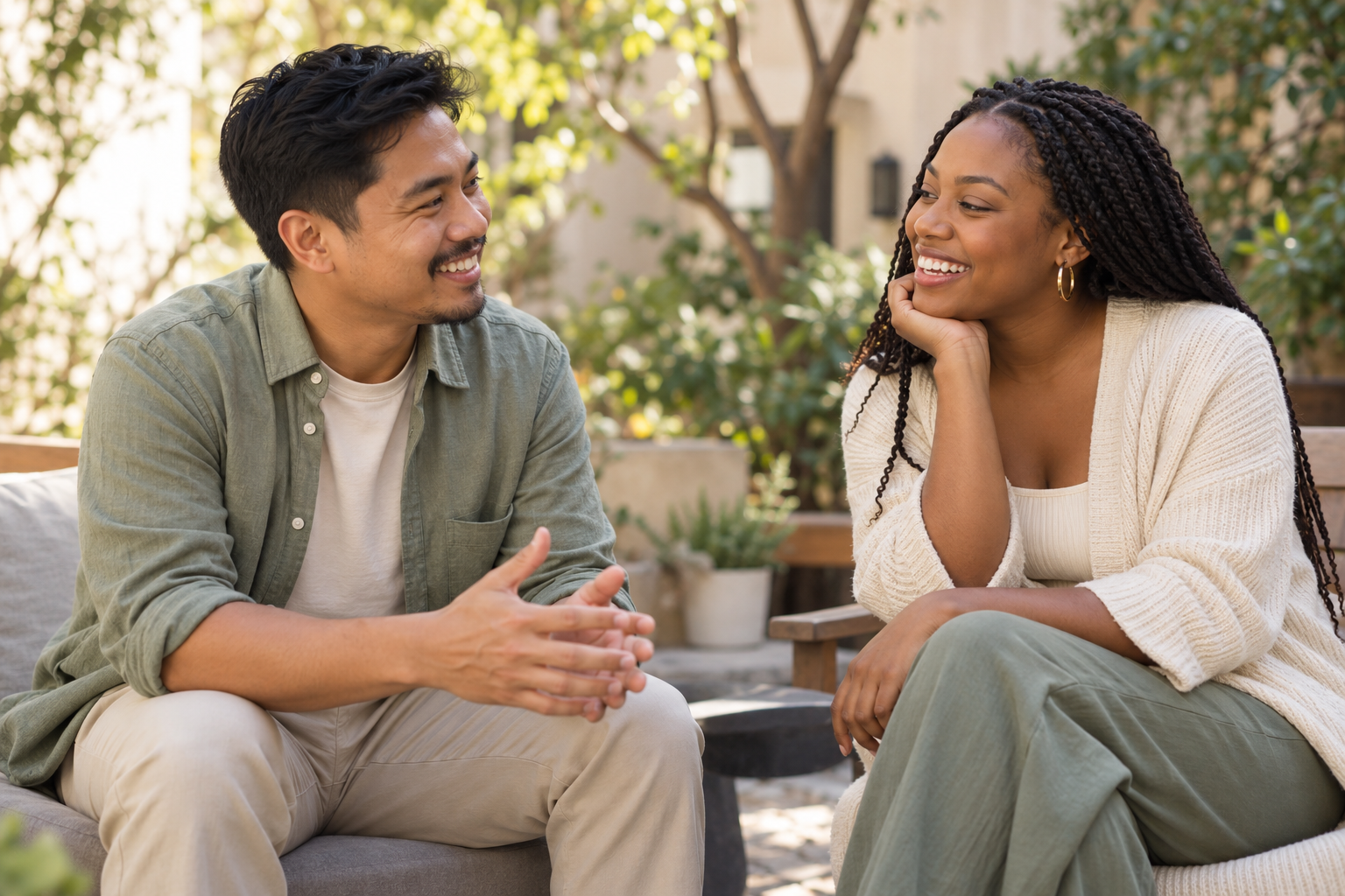 Two friends smiling together in a sunny courtyard