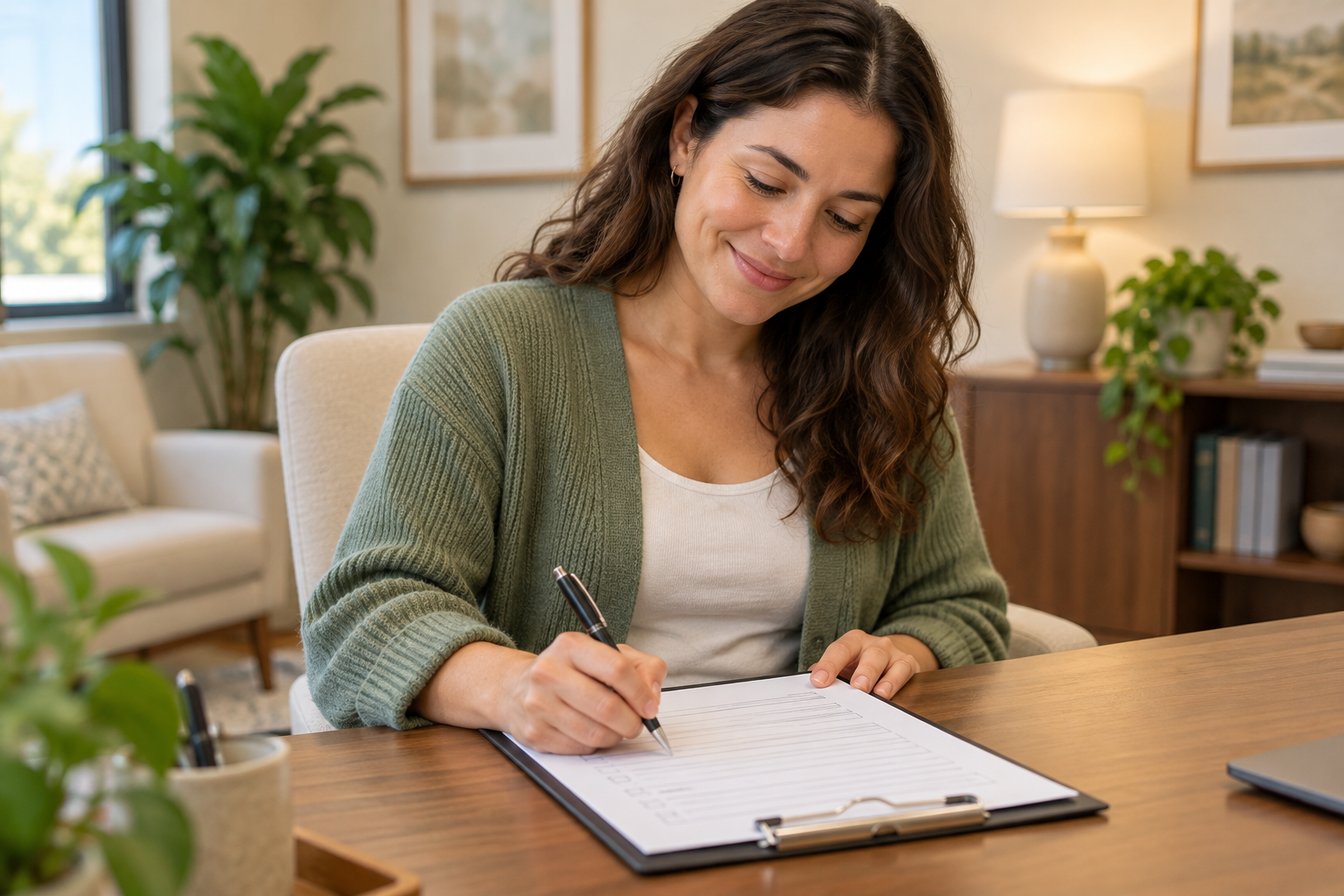 A woman completing an intake questionnaire