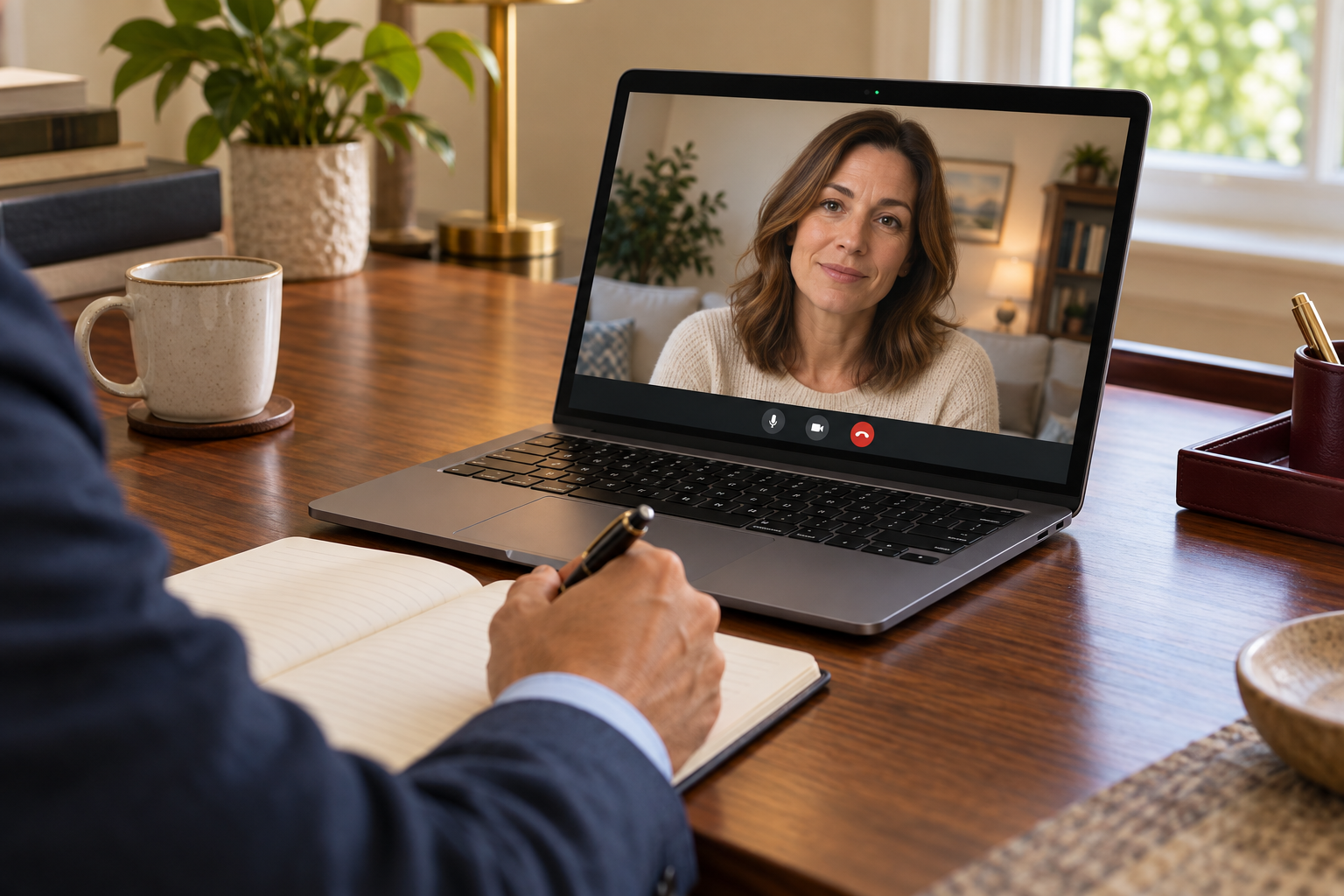 Illustrative virtual follow-up with a female client on a laptop and the provider taking notes