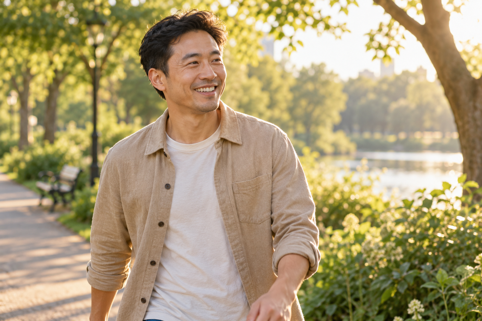 A smiling man walking outdoors in morning light