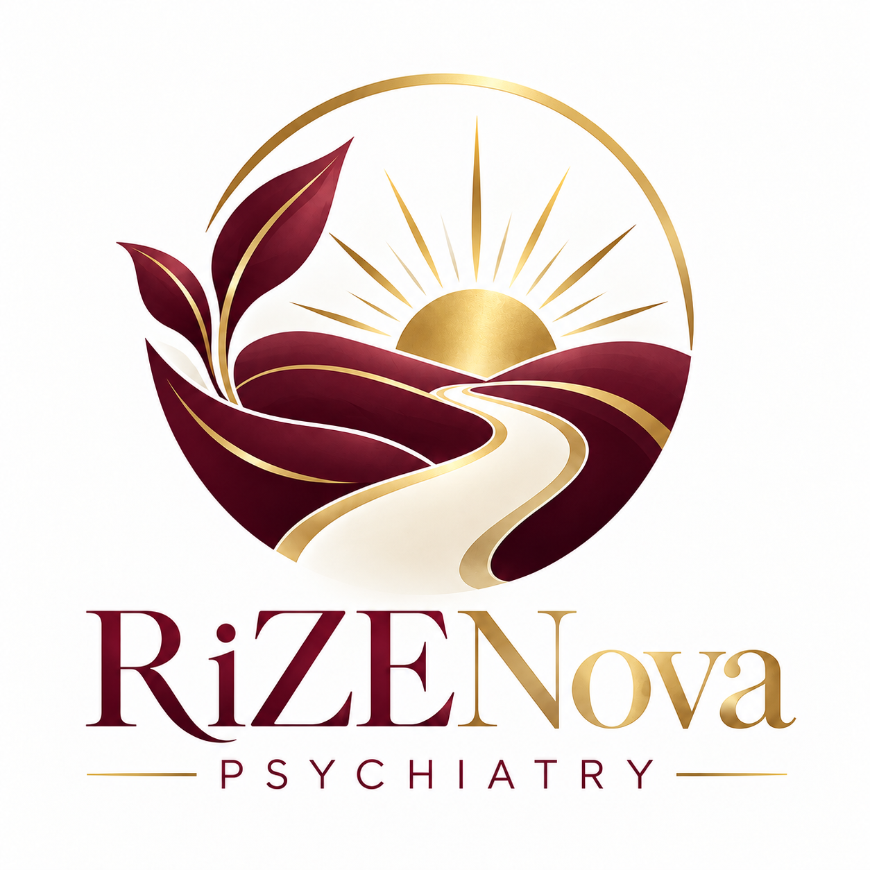 RiZENova Psychiatry — gold rising sun, maroon leaves and a winding path